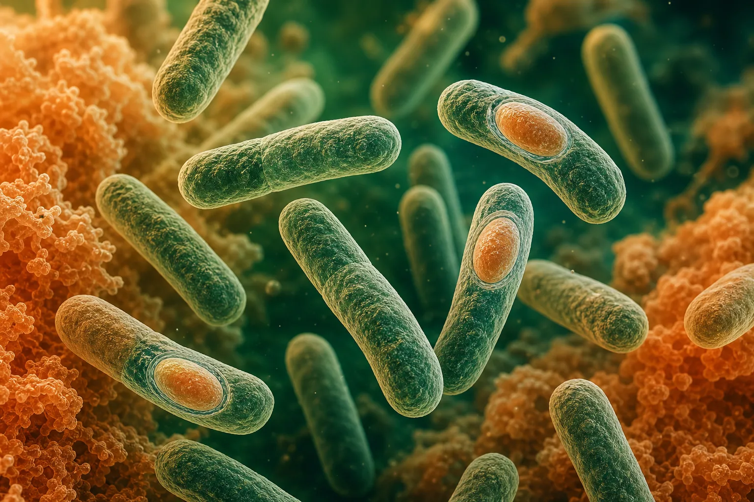 Microscopy-inspired view of rod-shaped bacteria containing resilient spores