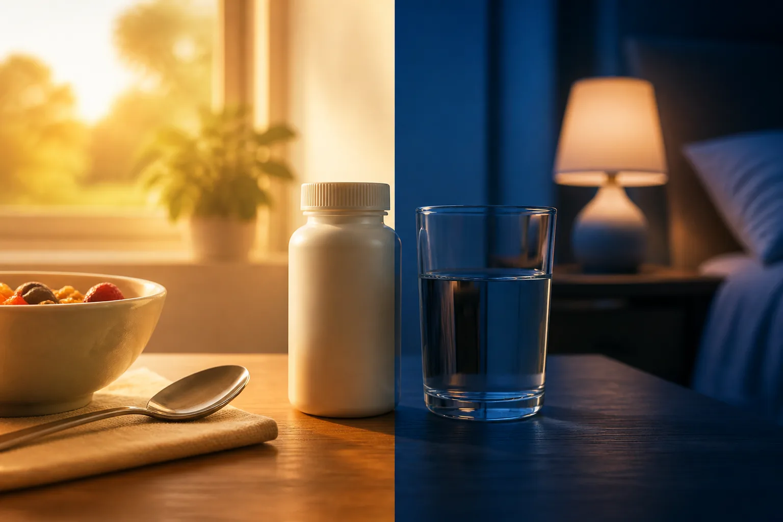 Supplement bottle shown between a bright morning scene and a dark evening scene