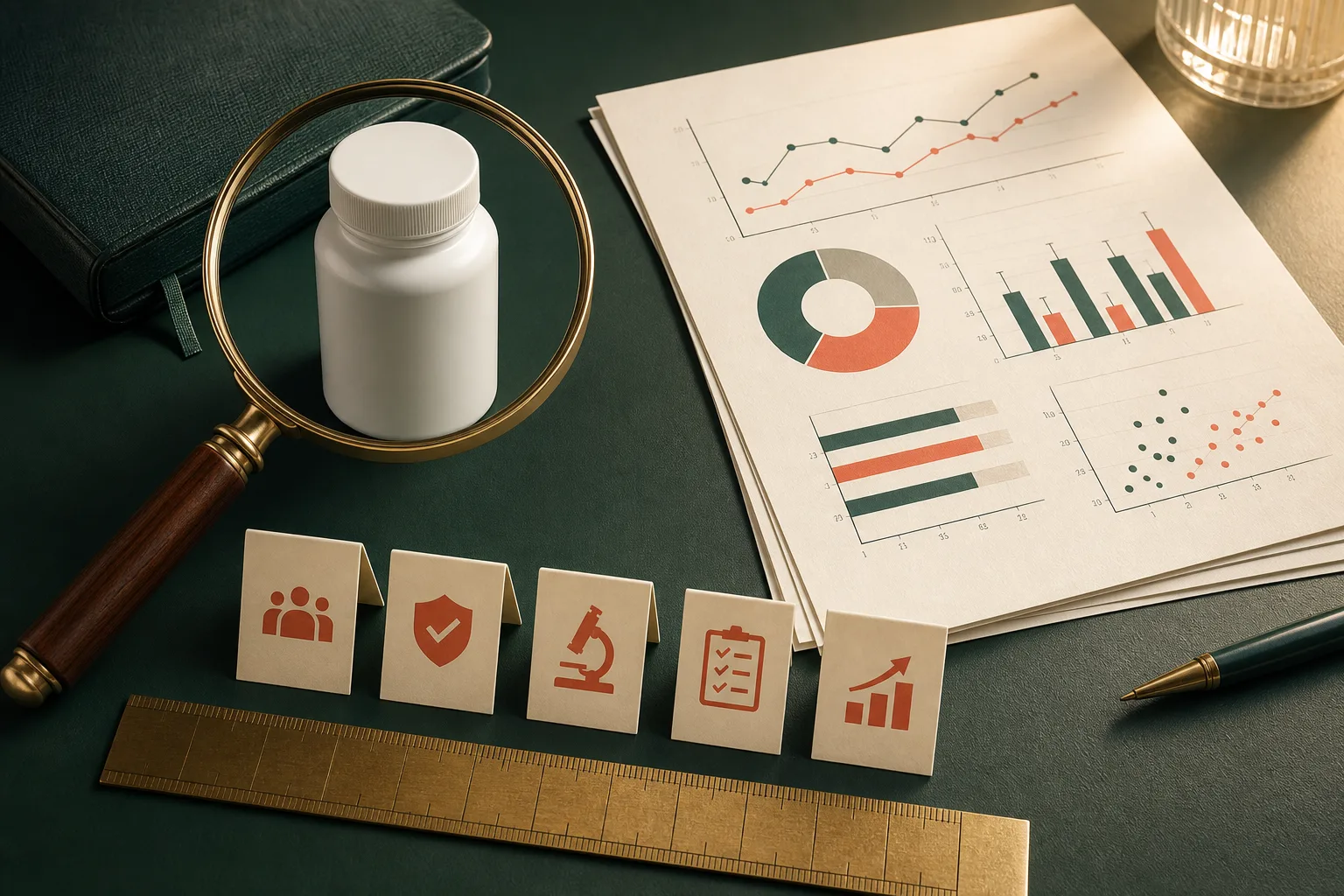 Unbranded supplement bottle examined beside abstract research charts and evidence markers