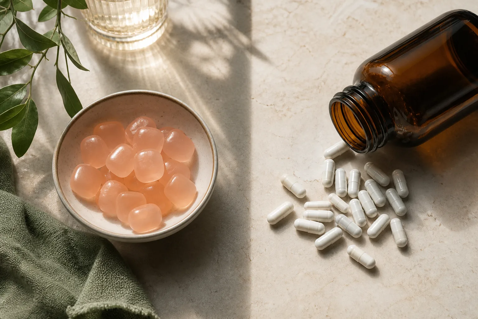 Probiotic gummies and capsules arranged side by side for comparison