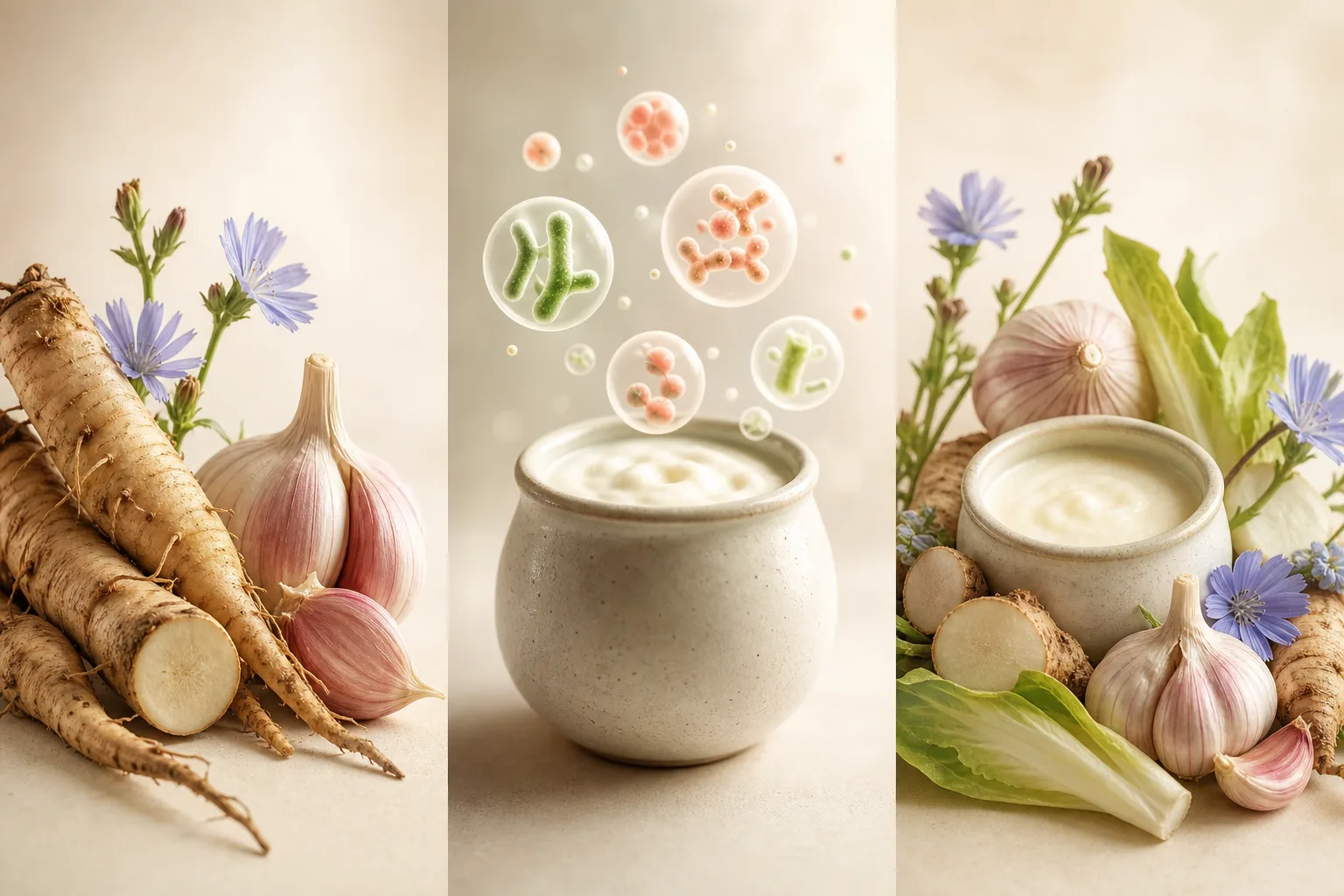 Chicory and garlic, cultured food, and a combined arrangement showing three different roles