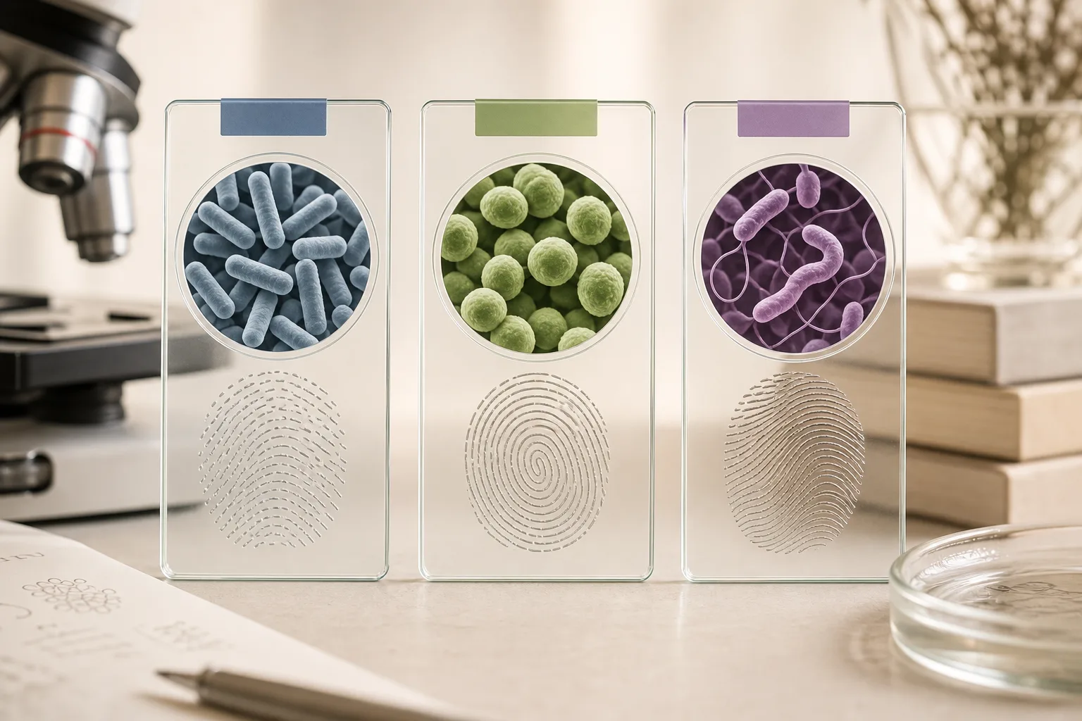 Three distinct microbial specimens paired with unique fingerprint patterns