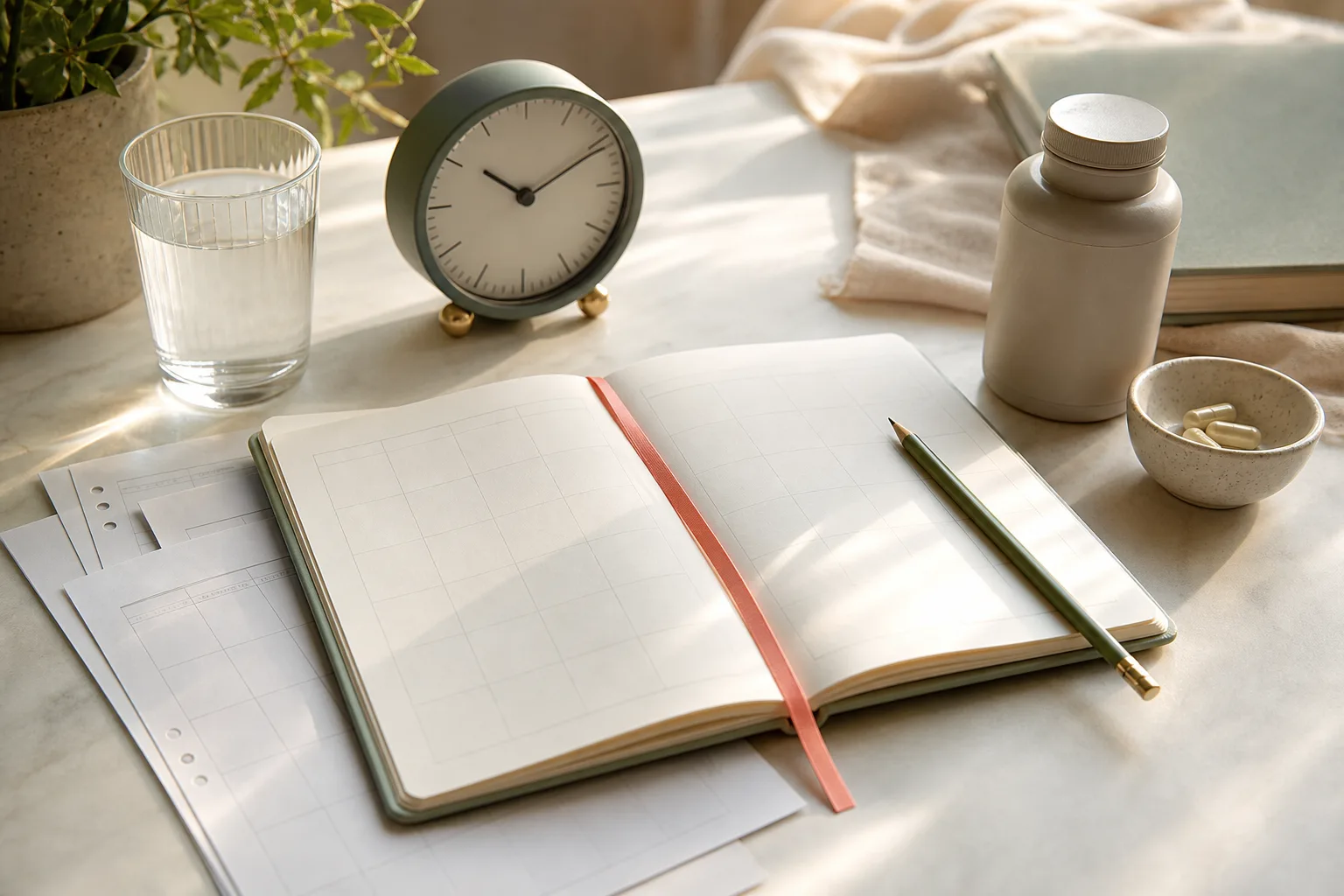 Wellness journal, clock, water and supplement bottle arranged for tracking over time
