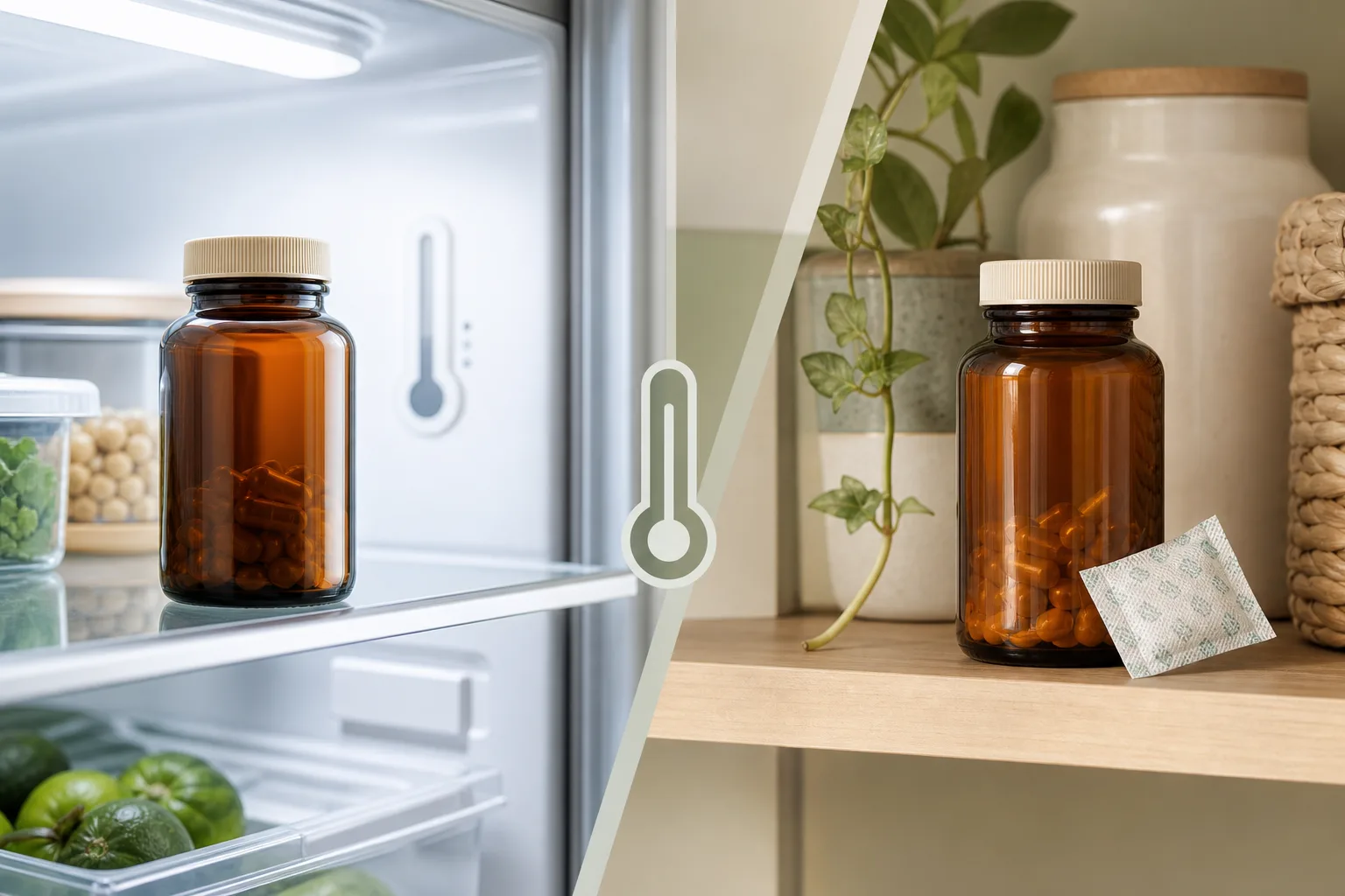 Supplement bottles compared inside a refrigerator and on a shaded pantry shelf