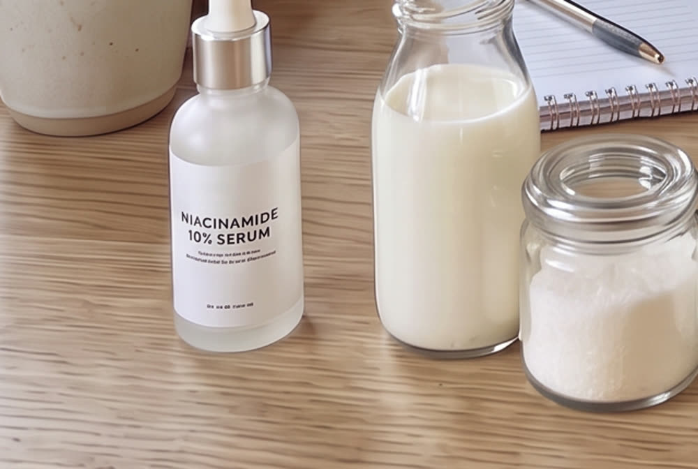 A frosted serum bottle on a counter