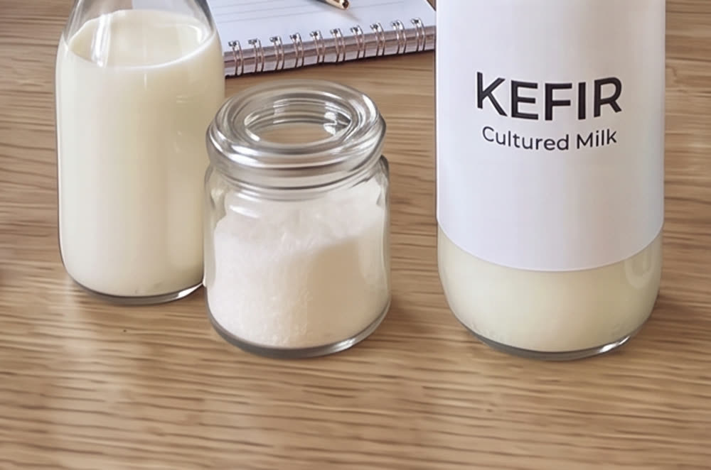 A glass milk bottle and a jar of sugar on a counter